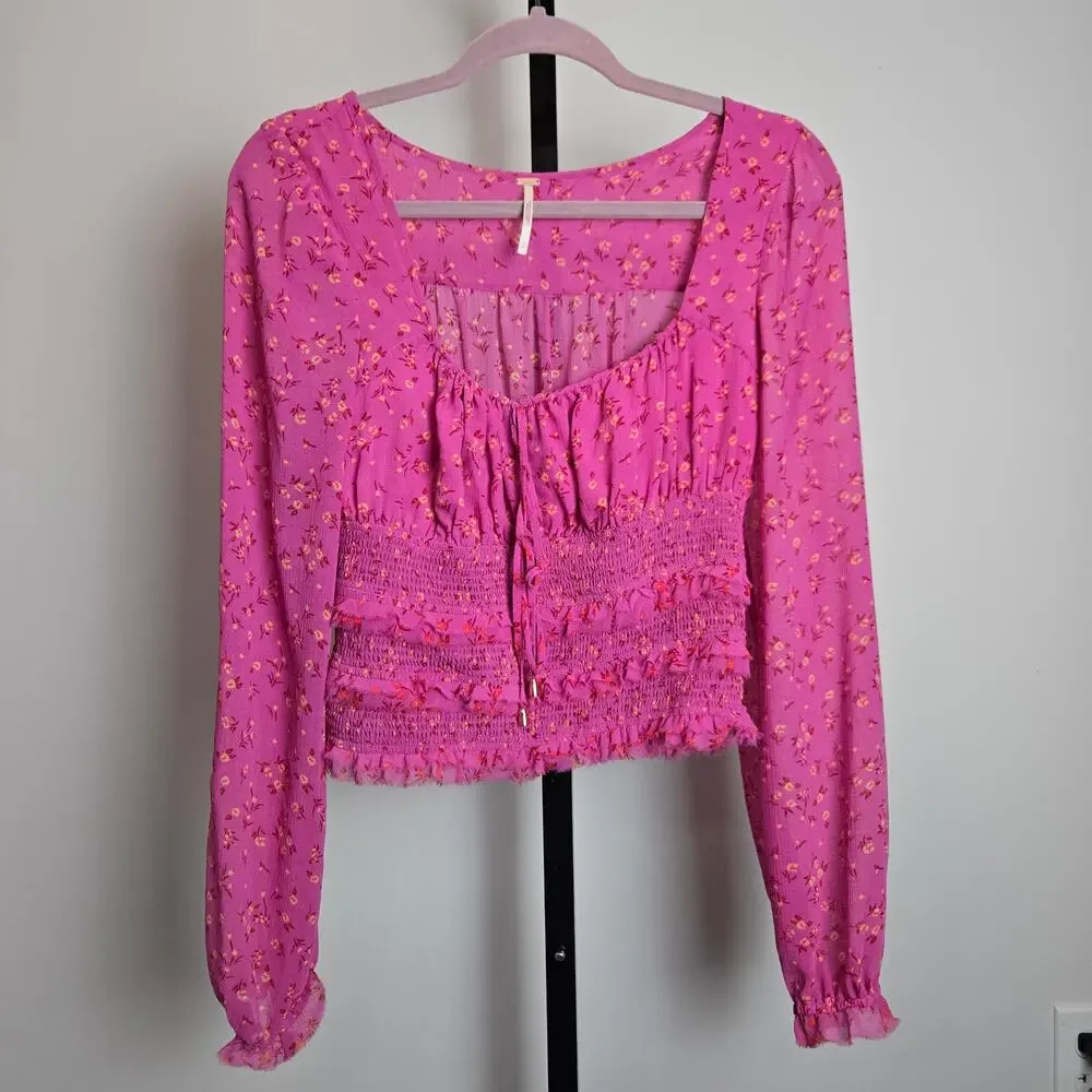Free People Lolita Smocked‎ Floral Long Sleeve Peasant Blouse Pink Floral Small